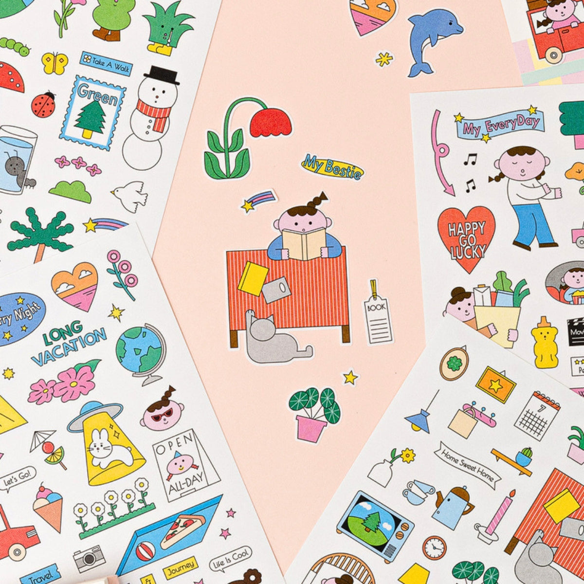 Livework Palette Illustration Removable Sticker Pack with four sheets of colourful illustrated stickers in playful designs.