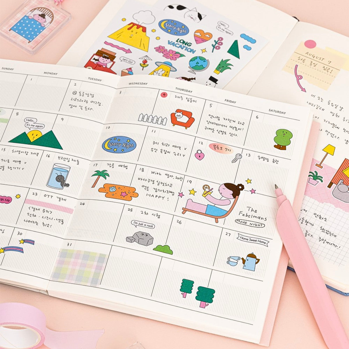 Livework Palette Illustration Removable Sticker Pack arranged on pink background with varied character and object illustrations.